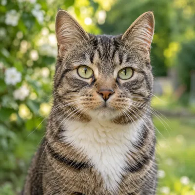 Retrato de un gato atigrado en un jardín