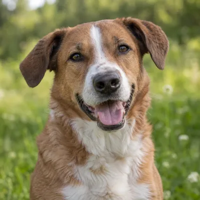 Retrato de un perro de pelaje marrón y blanco