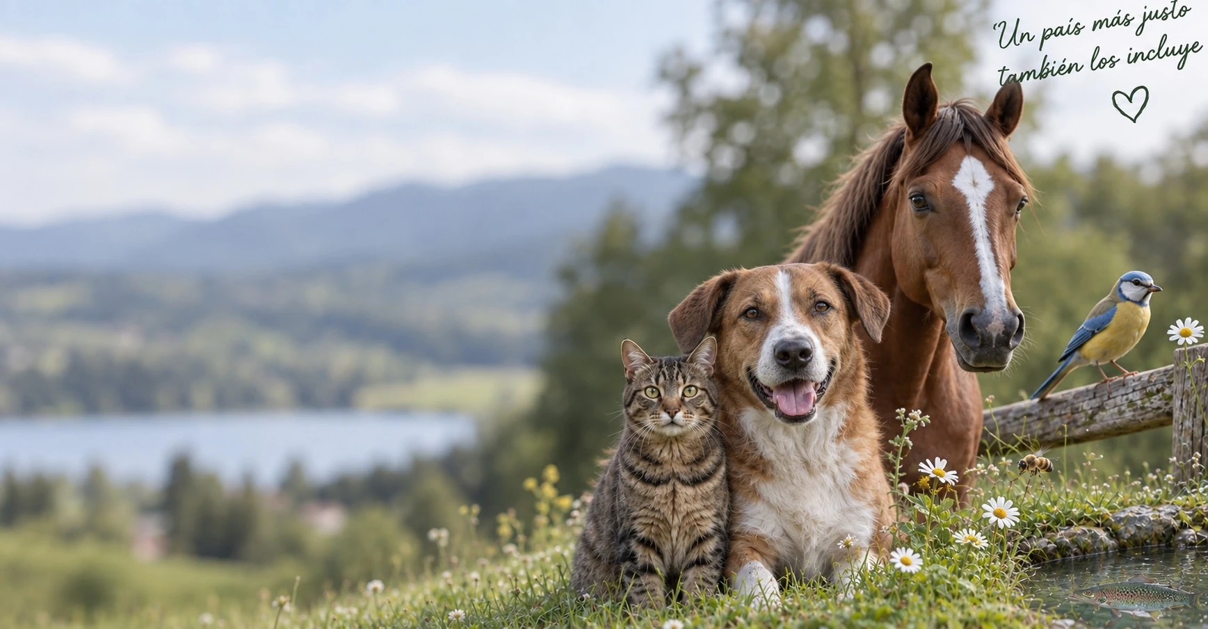 Un gato, un perro, un caballo y un ave juntos en un paisaje verde