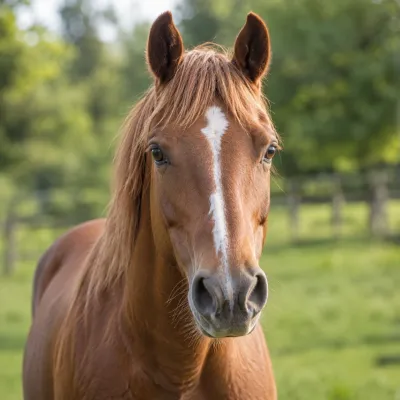 Retrato de un caballo castaño en un prado