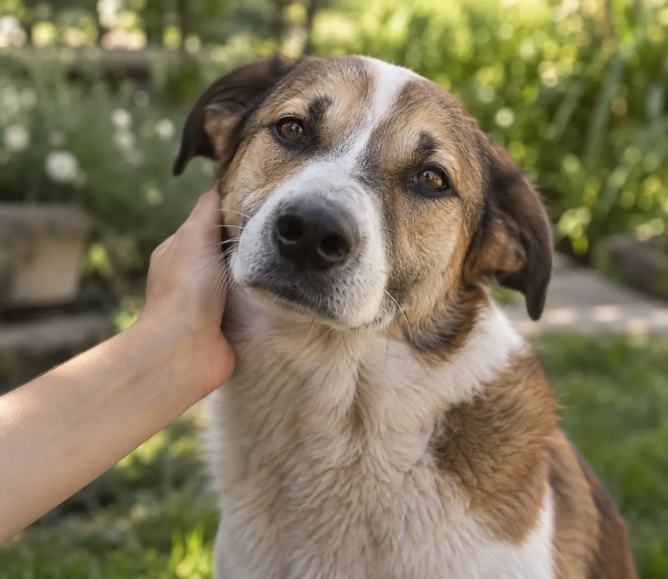 Una persona acaricia suavemente a un perro en un entorno natural